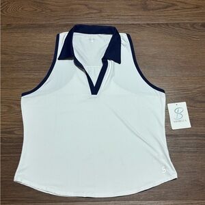 Sofibella White and Navy Sleeveless Polo Shirt